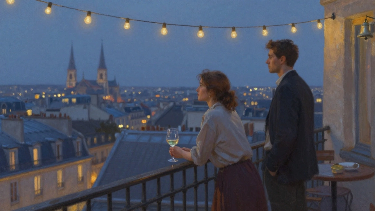 A couple stands silently on a Paris rooftop at twilight, city lights glowing behind them.
