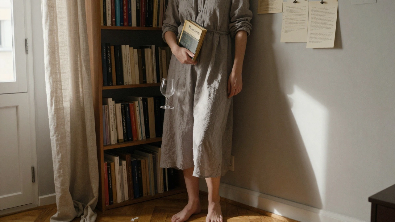 Maxine in a Lyon apartment, holding a book, sunlight through curtains, no luxury — only quiet authenticity.