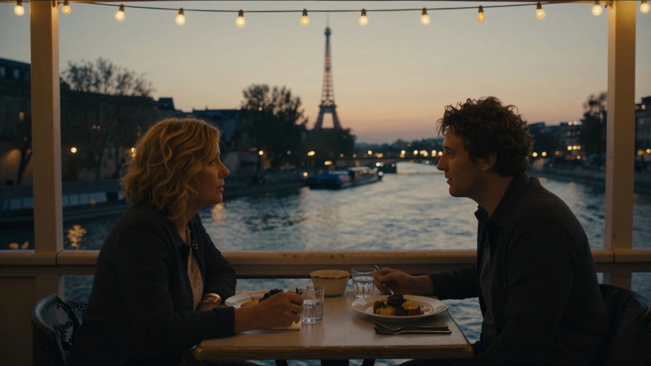 Two people sharing a quiet meal by the Seine at twilight, no phones, only conversation and fading light.